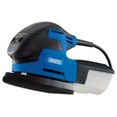 Draper electric orbital sander with dust collection box, compact hand sander isolated on a white background.
