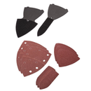 Assorted sanding accessories including detail sanding pads and abrasive sheets for a multi-function sander, isolated on a white background.