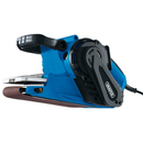 Draper electric belt sander with sanding belt and front handle, angled view isolated on a white background.