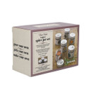 Box packaging for a 6-piece stainless steel spice jar set with product image and description.