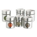 Six stainless steel spice jars with clear viewing windows, showing assorted spices inside.