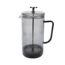 Glass cafetière (French press) with stainless steel plunger and black handle.