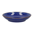 Blue speckled ceramic pasta bowl with a shallow shape and brown rim on a white background.