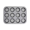 Close-up of non-stick 12-cup muffin tray on a plain background.