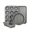 Four-piece non-stick baking set including muffin tray, round cake tin, rectangular baking tray, and loaf tin on a plain background.