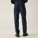 Rear view of blue hiking trousers showing elasticated waistband and zipped back pocket detail