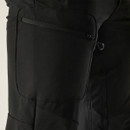 Rear waist detail of black outdoor trousers with elasticated waistband and zipped back pocket