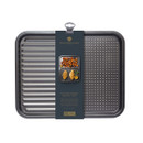Packaged MasterClass divided ridged baking tray with label showing product details and usage images.
