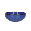Blue speckled ceramic bowl with a glossy glaze and dark rim, shown from a side angle on a white background.