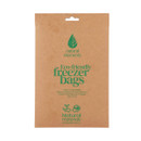 Brown paper package labeled “Eco-friendly freezer bags” with green text and natural materials icon on a plain background.