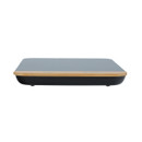 Side profile of a slim black digital kitchen scale with bamboo edge detail.