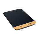 Black digital kitchen scale with bamboo trim and touch controls on a white background.