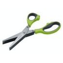 Close-up of the multi-blade herb scissors with five parallel stainless steel blades and ergonomic handles.