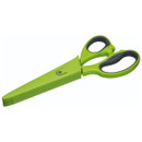 Herb scissors stored inside a green protective sheath, showing the handle and blade cover design.