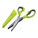 KitchenCraft multi-blade herb scissors with green and grey handles, shown with a matching protective sheath.