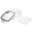 Disassembled food storage container showing lid, base and removable divided insert.