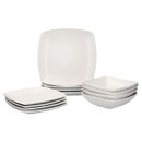 Matt white square dinner set including dinner plates, side plates and bowls arranged on a plain background.
