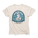 Back view of beige Makita t-shirt featuring large vintage style graphic with “Makita 1915” and illustrated worker design