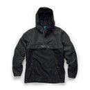Black Makita waterproof jacket front view with hood, half zip design and chest logo detail