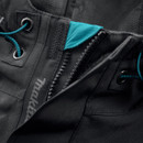 Close-up of jacket collar and zip with teal inner detail and drawcord hood