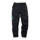 Front view of black Makita work trousers with elastic waistband, multiple pockets and teal zip detail
