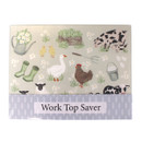 Farm-themed worktop saver with illustrated animals, flowers and tools, labelled “Work Top Saver” on the packaging.