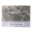 Top view of the rectangular grey marble-effect worktop saver with product label.