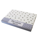Pack of six rectangular placemats with a white background and small bee pattern, shown in packaging labelled “Placemats Pack of 6”.