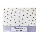 Front view of bee design placemats featuring a repeating pattern of small bees on a white background with packaging label.