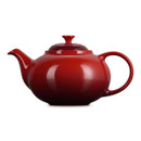Rear angle of red ceramic teapot showing rounded body and handle detail