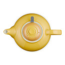 Top-down view of yellow teapot with lid, showing spout and handle alignment