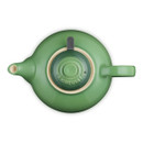Top-down view of green teapot with lid, showing spout and handle alignment