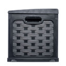 Side view of black plastic storage box with integrated handle and rattan-style detailing