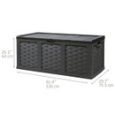 Black garden storage box with dimensions displayed, highlighting overall size and capacity