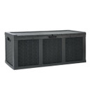 Angled view of black outdoor storage chest with lid closed and side handle visible