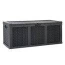 Black plastic rattan-style storage box with closed lid, showing wide rectangular design