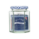 Kilner hexagonal twist top preserve jar with blue check lid, clear glass jar for homemade jam, honey, preserves and pantry storage