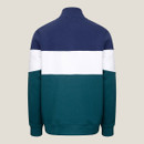 Rear view of men’s navy, white and teal colour block quarter zip sweatshirt with ribbed hem and cuffs