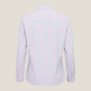 Rear view of women’s pink, mint green and white gingham check long sleeve shirt with tailored fit and curved hem