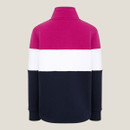 Rear view of kids’ bright pink, white and navy colour block quarter zip sweatshirt with ribbed cuffs and hem