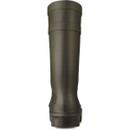 Rear view of Dunlop Purofort olive green waterproof safety wellington boot with durable high-leg design