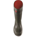 Front view of Dunlop Purofort olive green safety wellington boot with red inner lining detail