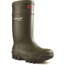 Dunlop Purofort olive green safety wellington boot with reinforced toe and heavy-duty grip sole, angled side view