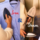 Split image showing the Russell Hobbs Steam Genie used as an iron and a steamer.