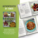Lifestyle graphic showing the Tower Single Basket Air Fryer Cookbook alongside open recipe pages and plated pasta dishes, with text explaining that recipes are created and approved by Tower’s in-house experts.