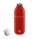 Red SMEG 500ml stainless steel bottle shown lying on its side with the silver screw-top lid removed beside it.