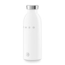 Side profile of a white SMEG stainless steel reusable water bottle with silver lid and glossy retro-inspired finish.