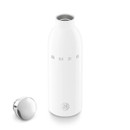Open white SMEG stainless steel reusable bottle with detached silver lid displayed beside the bottle on a light grey background.