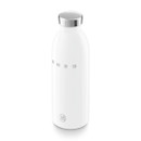 Angled view of a white SMEG 500ml stainless steel bottle featuring a polished silver lid, curved silhouette and embossed SMEG logo.