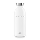 Front view of a white SMEG 500ml stainless steel water bottle with silver screw-top lid and embossed SMEG branding on a light grey background.